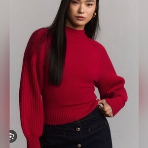 Anthropologie Maeve Ragland Ribbed Sleeve Red Mockneck Sweater Size L